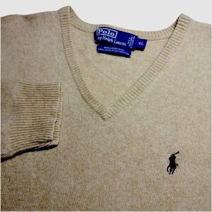 Polo Ralph Lauren XL Light Brown V Neck Lambswool Pullover Pony Logo